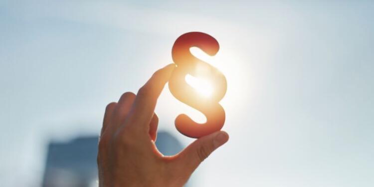 Foto einer Hand, die auf einen Rechtsparagrafen zeigt, der gegen die Sonne gehalten wird